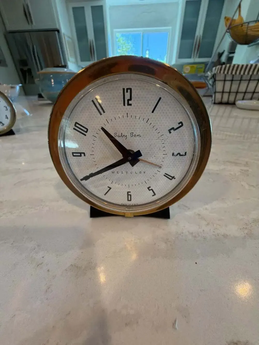 Vintage Westclox Baby Ben Wind-Up Alarm Clock with White Face and Gold-Tone Beze